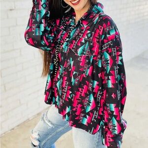 Bright Vtg Rodeo Grunge Chore Shacket w/Geometric Aztec SouthWesty Design size S
